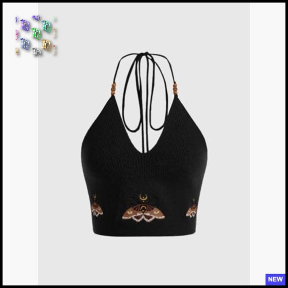 Boho Halter Top Y2K Festival Wear Crochet Crop Top V Neck Backless - Picture 5 of 5